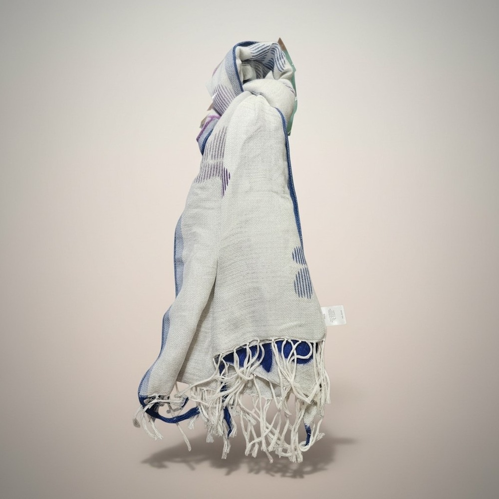 J. Jill Striped Flower Scarf Sapphire Multi Blue Purple Floral Fringe 72x22